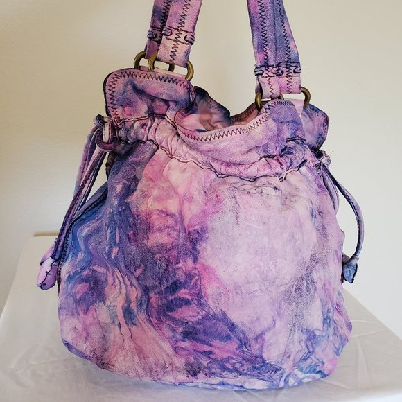 Lucky Brand Handbags - Leather tie dyed Lucky Brand Boho bucket Purse Hobo Bag pink purple blue painted